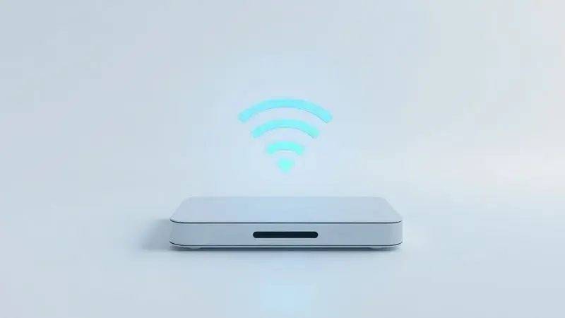 Ilustração conceitual de ondas de conectividade sem fio como Wi-Fi e Bluetooth saindo de um equipamento moderno.