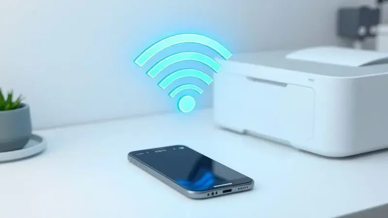 Representação conceitual de conexão sem fio via sinal bluetooth entre um smartphone e uma impressora estilizada.