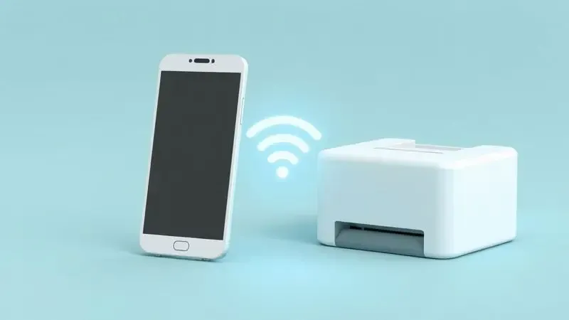 Ilustração conceitual de um smartphone conectando-se via tecnologia sem fio a uma impressora de etiquetas moderna.
