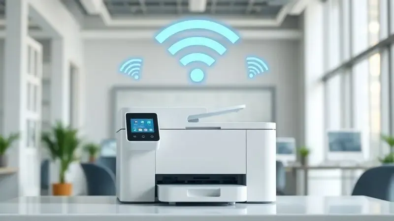 Ilustração 3D de uma impressora conectada via Wi-Fi em um ambiente de escritório iluminado e moderno.