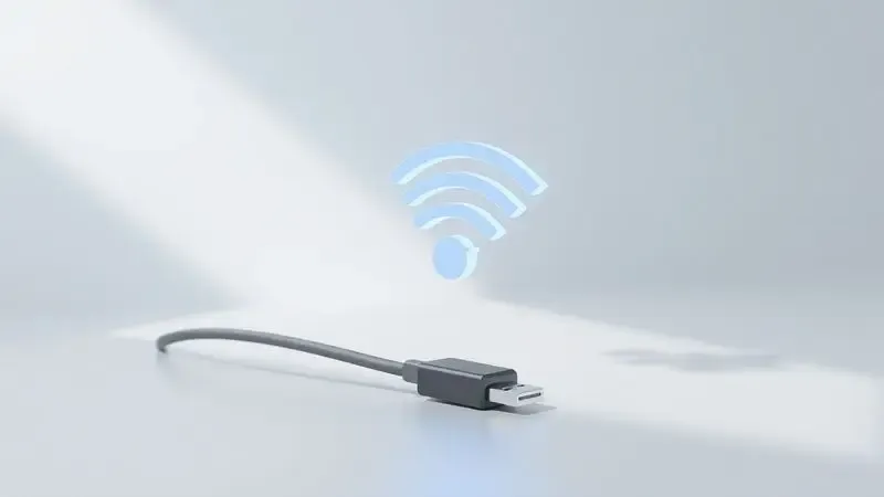 Renderização 3D minimalista mostrando um cabo USB e um sinal de Wi-Fi para simbolizar as opções de conexão de impressora.