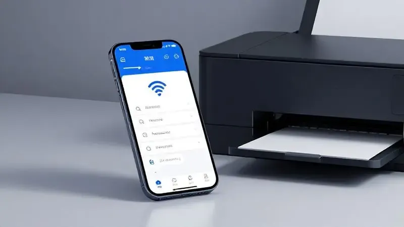 Smartphone mostrando interface de configuração de Wi-Fi próximo a impressora em ambiente doméstico