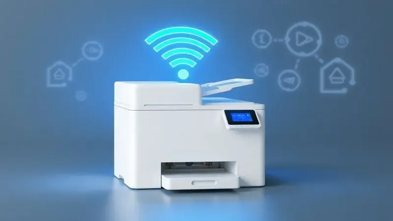Representação artística 3D de sinais de conectividade Wi-Fi e rede sem fio ao redor de uma impressora.