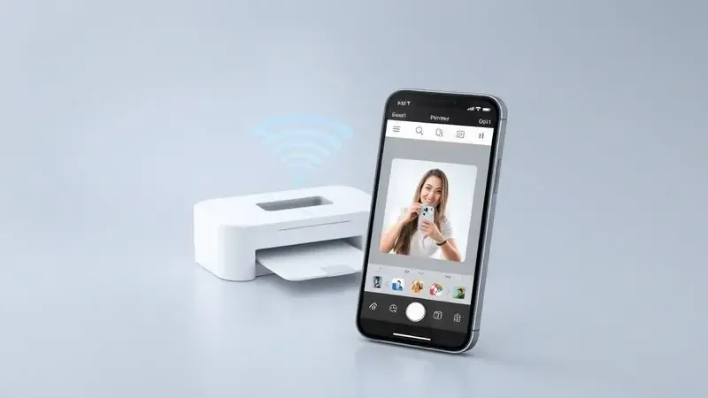 Renderização em 3D de um smartphone configurando uma impressora sem fio para impressão de fotos.