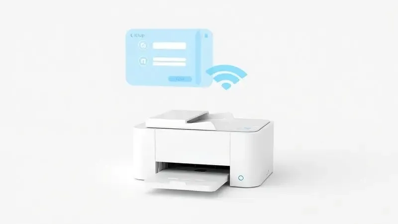 Ilustração 3D de uma impressora conectando-se a uma rede Wi-Fi durante o processo de configuração inicial.