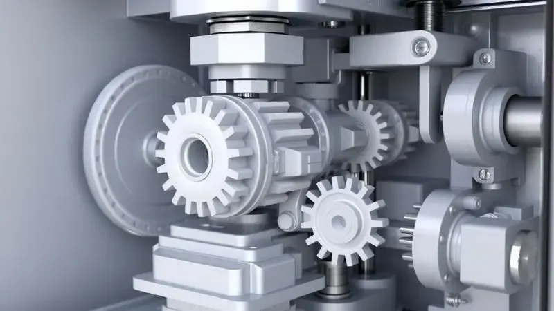 Representação artística 3D de engrenagens e mecanismos internos de um sistema de alimentação de filamentos.