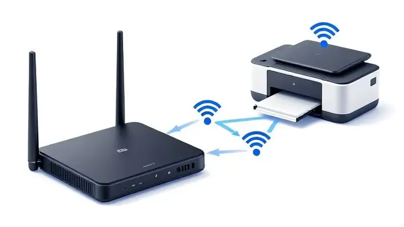 Processo conceitual de configuração Wi-Fi via roteador para impressora