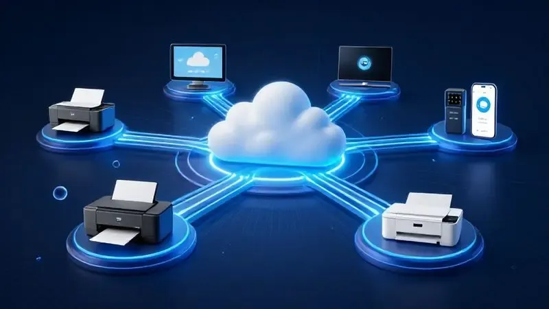 Illustration of printer integration with cloud services and smart assistants