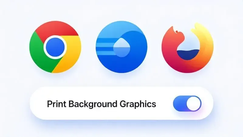 Ilustração conceitual de configuração de impressão de fundos gráficos em navegadores Chrome, Edge e Firefox
