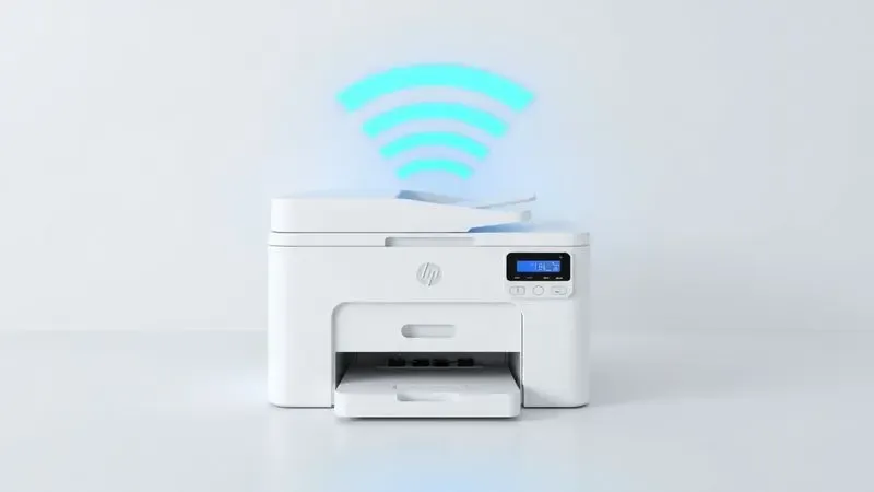 Representação 3D de uma impressora emitindo ondas de sinal Wi-Fi em um ambiente doméstico minimalista.