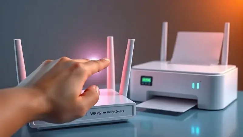 Ilustração do método WPS: botão sendo pressionado em roteador enquanto impressora mostra sinais de conexão