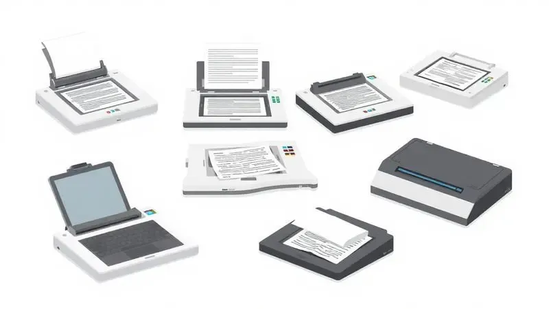 Ilustração digital de modelos genéricos de scanners de mesa e de documentos em um fundo neutro.