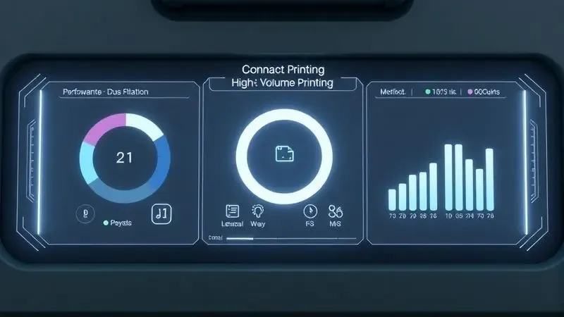 Infográfico em 3D mostrando métricas de velocidade e rendimento de uma impressora de alta demanda.