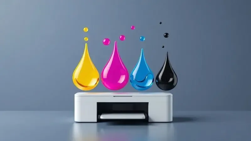 Representação artística em 3D das cores de tinta ciano, magenta, amarelo e preto para impressora.