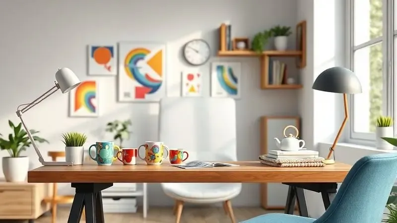 Ilustração 3D de um espaço de trabalho criativo com diversos produtos personalizados expostos de forma elegante.