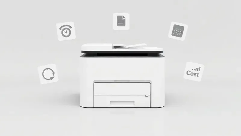 Renderização 3D de ícones de decisão e uma impressora estilizada representando a escolha do modelo ideal.