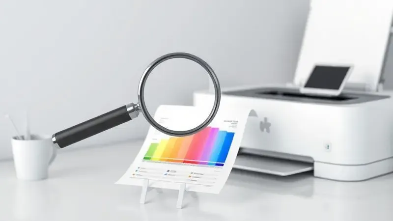 Representação digital de uma lupa analisando a qualidade de cores em um teste de impressão de sublimação.