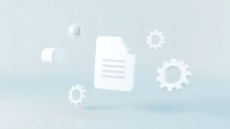 Renderização artística de ícones de engrenagem e ajustes ao redor de um documento digital, representando critérios de escolha de software.