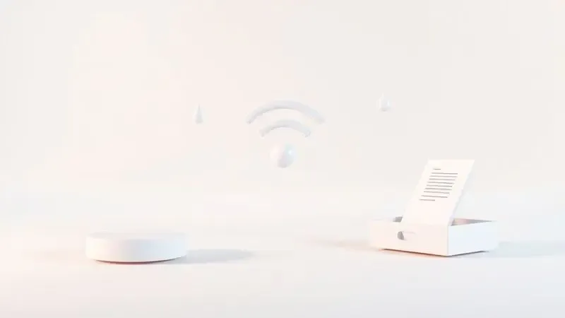 Ícones abstratos flutuantes representando recursos tecnológicos de uma impressora como conectividade e tinta.