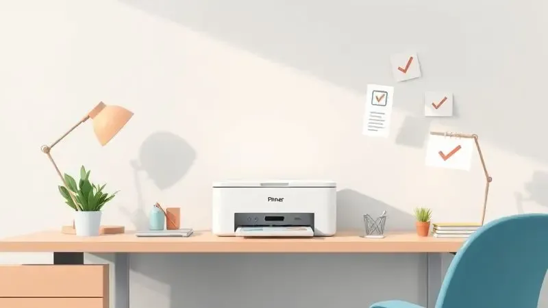 Ilustração digital conceitual mostrando uma impressora estilizada e ícones de lista de verificação para escolha do produto.