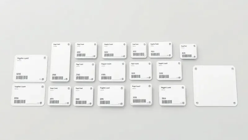 Renderização 3D conceitual de diferentes tamanhos de etiquetas adesivas brancas organizadas em uma superfície minimalista.