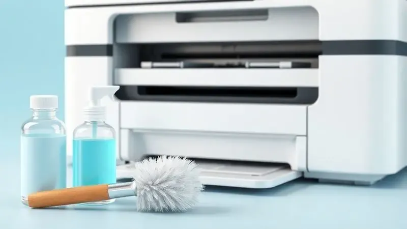 Ilustração de cuidados preventivos com a impressora mostrando ferramentas de limpeza leves em um ambiente organizado.