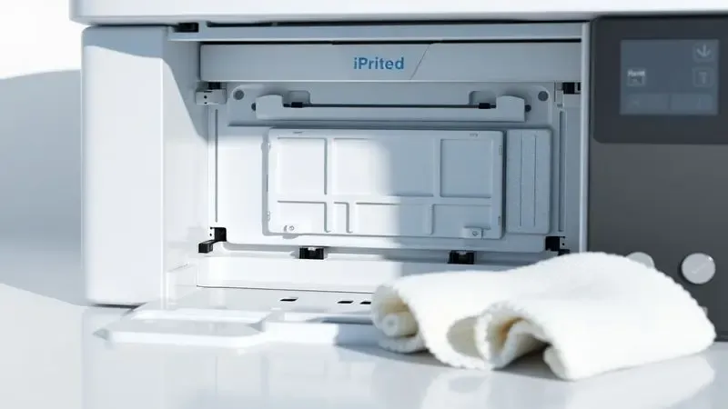 Ilustração de manutenção preventiva e limpeza de impressora de adesivos.