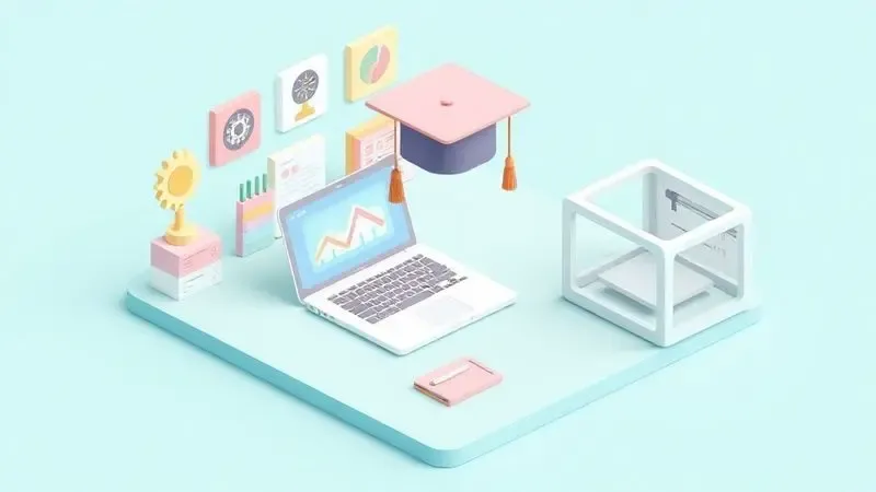 Ilustração isométrica 3D representando o aprendizado digital e capacitação técnica em softwares de fatiamento.