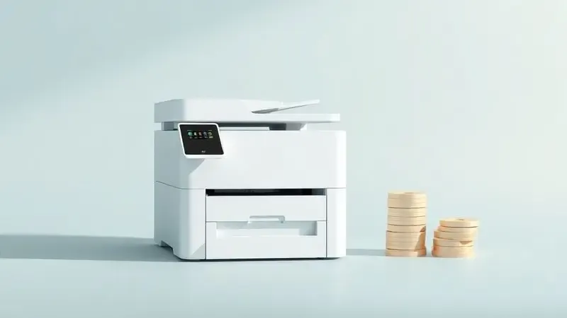 Ilustração conceitual de uma impressora ao lado de ícones de economia e moedas, simbolizando baixo custo de manutenção.