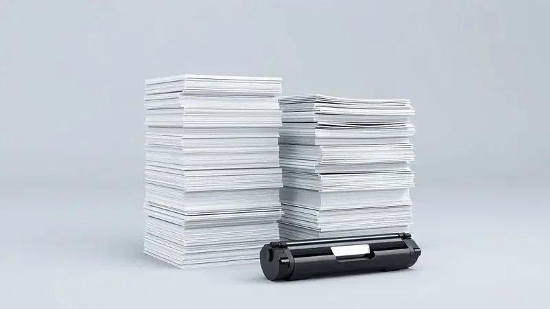 Representação 3D de economia e eficiência com uma pilha de documentos ao lado de um toner de alto rendimento.