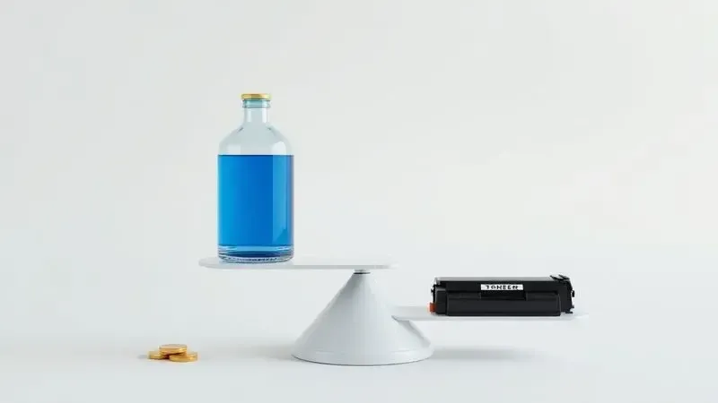 Representação visual conceitual comparando o custo-benefício entre cartucho de tinta e toner.