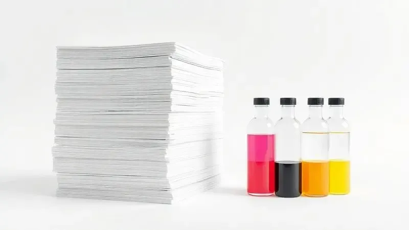 Renderização 3D de tanques de tinta coloridos ao lado de uma grande pilha de papéis, simbolizando alto rendimento de impressão.