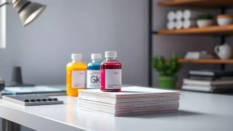 Ilustração artística de frascos de tinta e papéis de transferência em uma mesa de trabalho organizada.