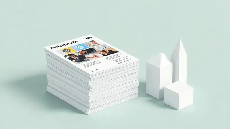 Pilha de panfletos impressos de alta qualidade ao lado de formas geométricas que simbolizam crescimento e lucratividade.