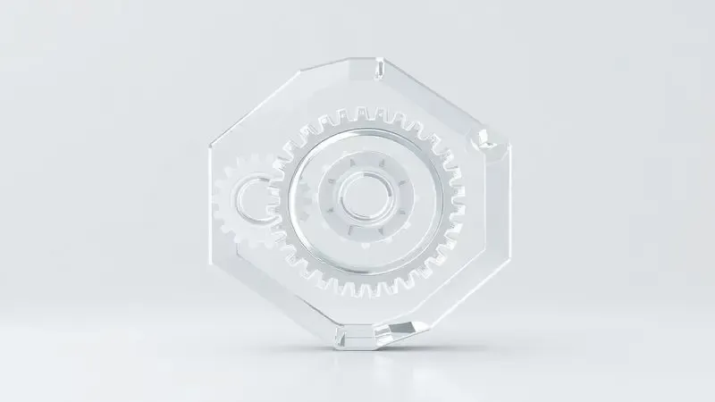 Renderização 3D conceitual de engrenagens e ícones de eficiência, simbolizando desempenho e durabilidade em equipamentos de escritório.