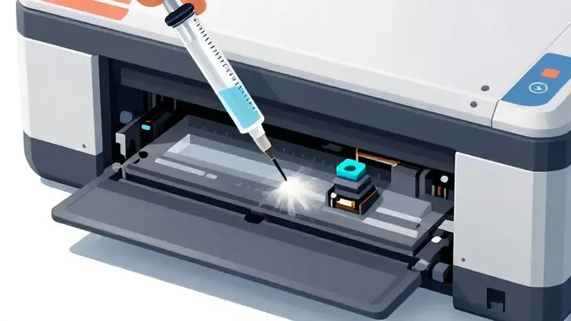 Ilustração do método de desentupimento manual com seringa e solução de limpeza.