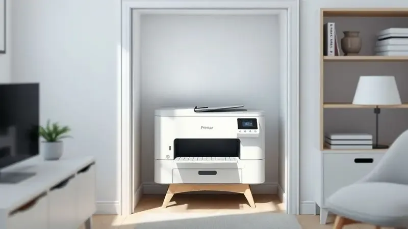 Impressora de design compacto em um escritório doméstico pequeno e organizado.