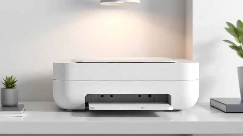 Renderização 3D de uma impressora compacta e moderna com acabamento branco em uma mesa minimalista.