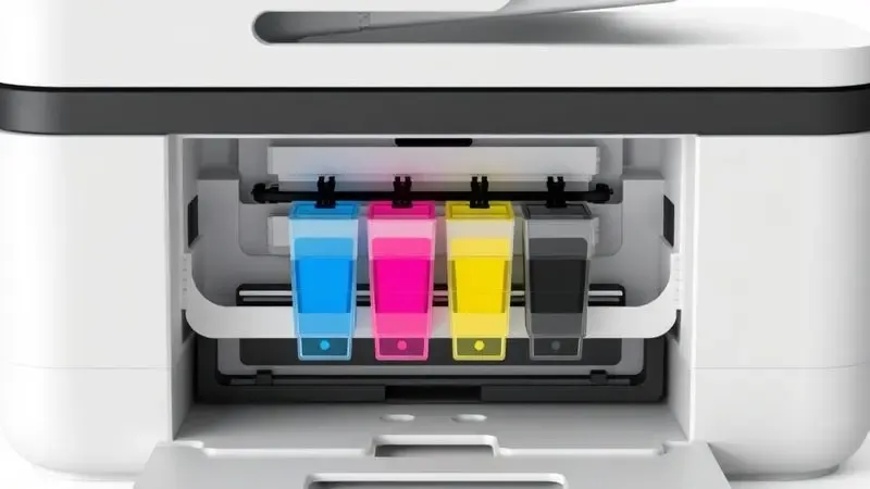 Detalhe conceitual da estrutura interna e reservatórios de tinta de uma impressora moderna com design minimalista.