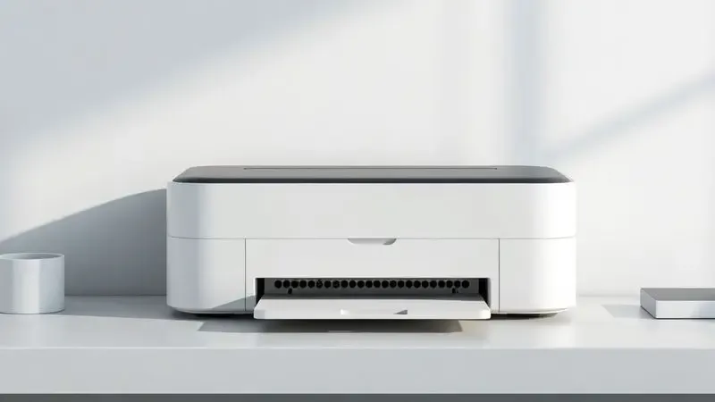 Ilustração de uma impressora laser monocromática compacta com design elegante em uma mesa de trabalho minimalista.