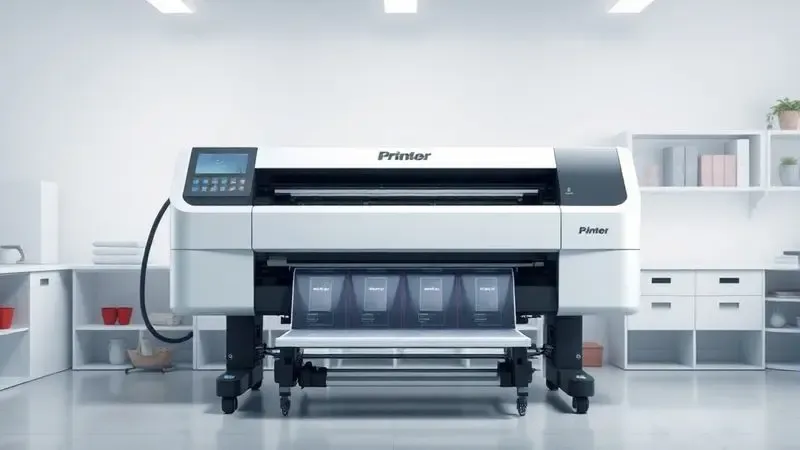 Ilustração digital mostrando o sistema de tanques de tinta integrados de uma impressora moderna em um ambiente de trabalho limpo.