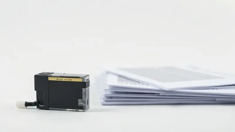 Ilustração artística de um cartucho de tinta pequeno próximo a uma pilha de papéis, sugerindo limitações de impressão e descarte.