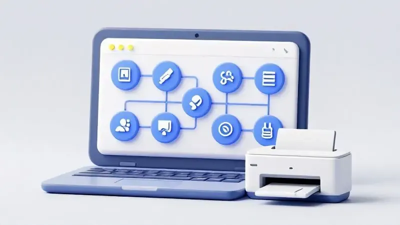 Diagrama conceitual de diagnóstico dos 8 principais motivos para impressora offline