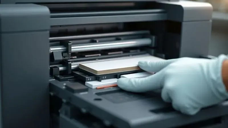 Cena conceitual ilustrando o cuidado e a manutenção preventiva de um equipamento de impressão.