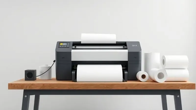 Renderização 3D de uma impressora robusta com papel contínuo em um ambiente de escritório moderno e minimalista.