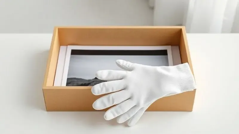 Caixa de armazenamento organizada e luvas de algodão para o manuseio correto de impressões fotográficas.