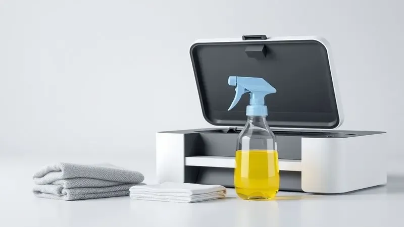 Kit de limpeza e ferramentas de manutenção organizadas ao lado de uma impressora em um ambiente limpo.