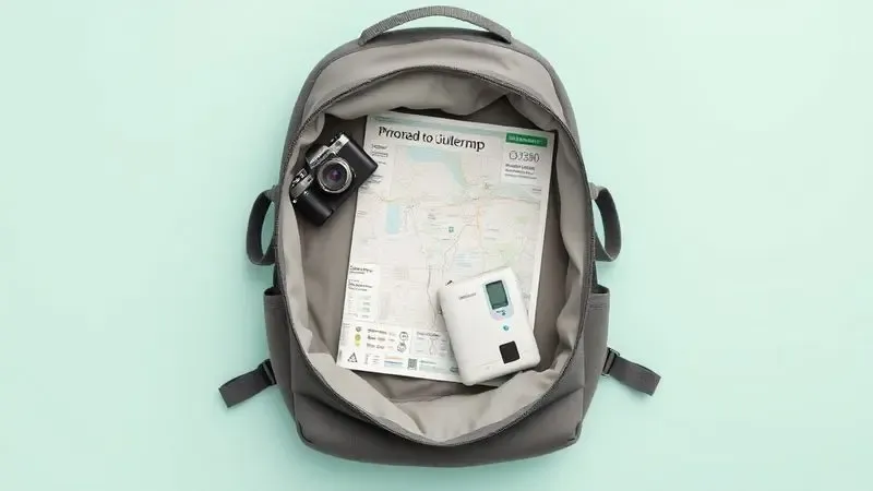 Renderização 3D de uma mochila de viagem organizada com acessórios tecnológicos e uma mini impressora compacta.