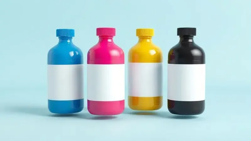 Representação 3D minimalista de garrafas de tinta CMYK e cartuchos genéricos flutuando em um ambiente clean.