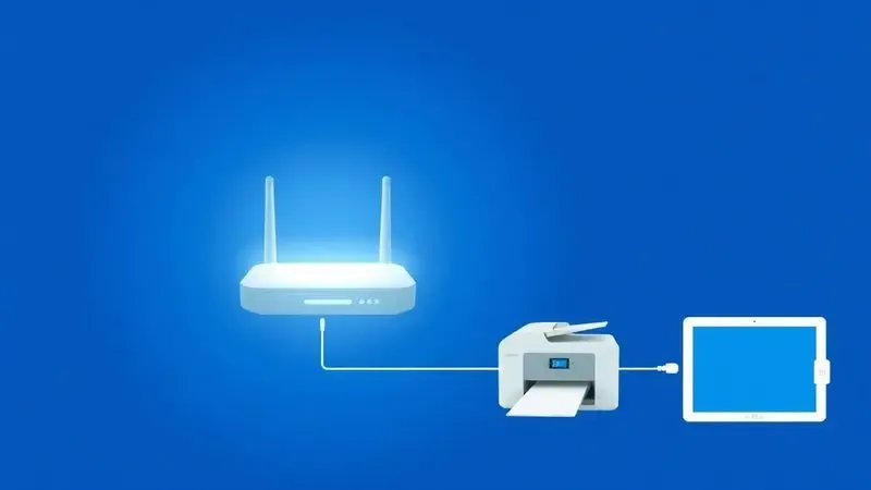 Ilustração digital comparando a conexão de uma impressora via roteador Wi-Fi central e a conexão direta entre um tablet e a impressora.